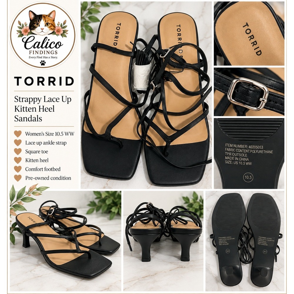Torrid Black Strappy Lace Up Kitten Heel Square Toe Sandals 10.5 WW
